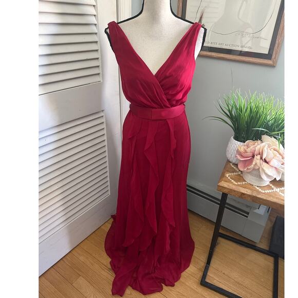 WHITE VERA WANG Womens Dress Red Chiffon Gown Ruffle Formal Wedding Bridesmaid 2 - Picture 1 of 11